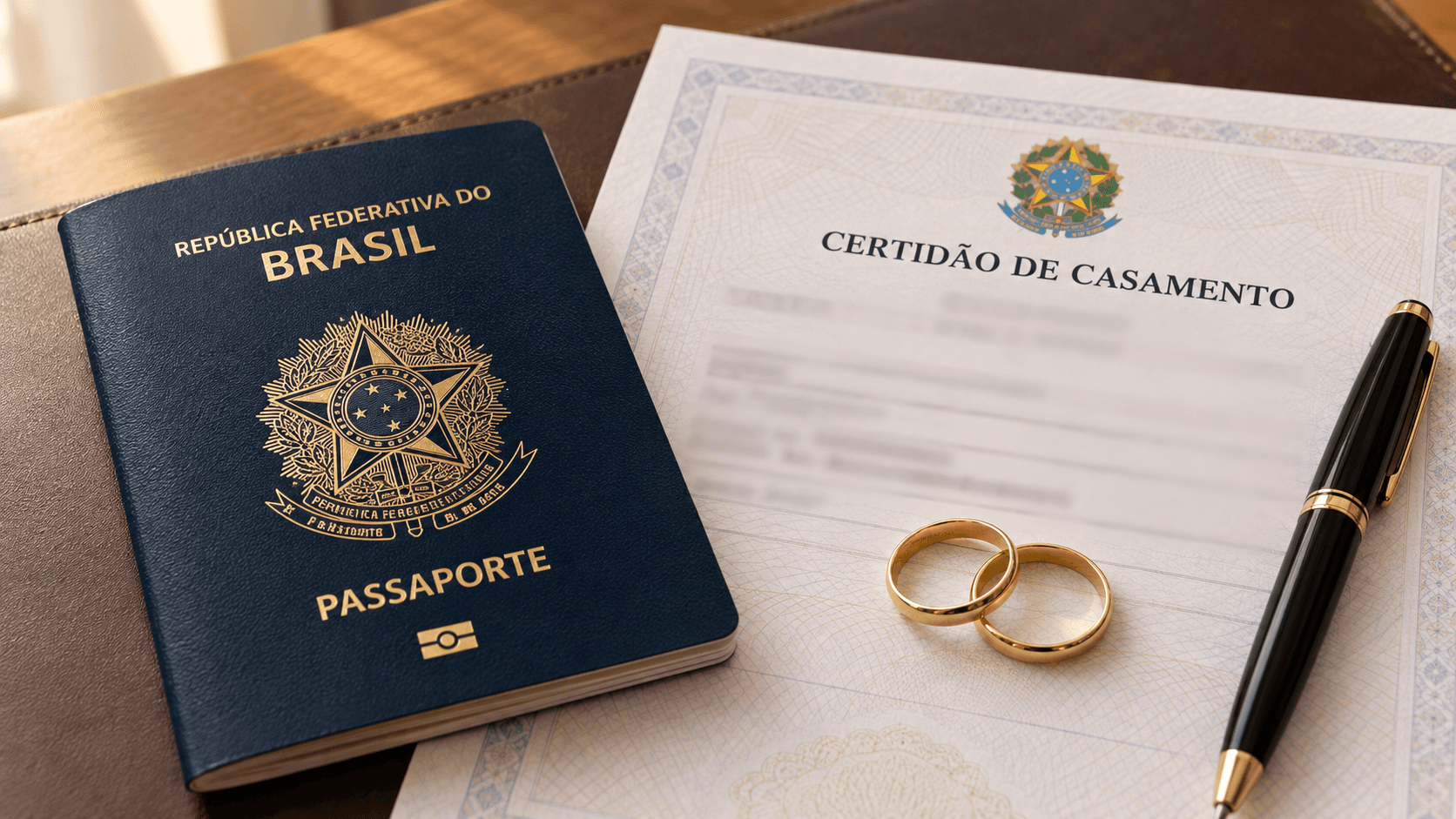 Passaporte brasileiro ao lado de certidão de casamento e alianças, representando a inclusão posterior do sobrenome do cônjuge