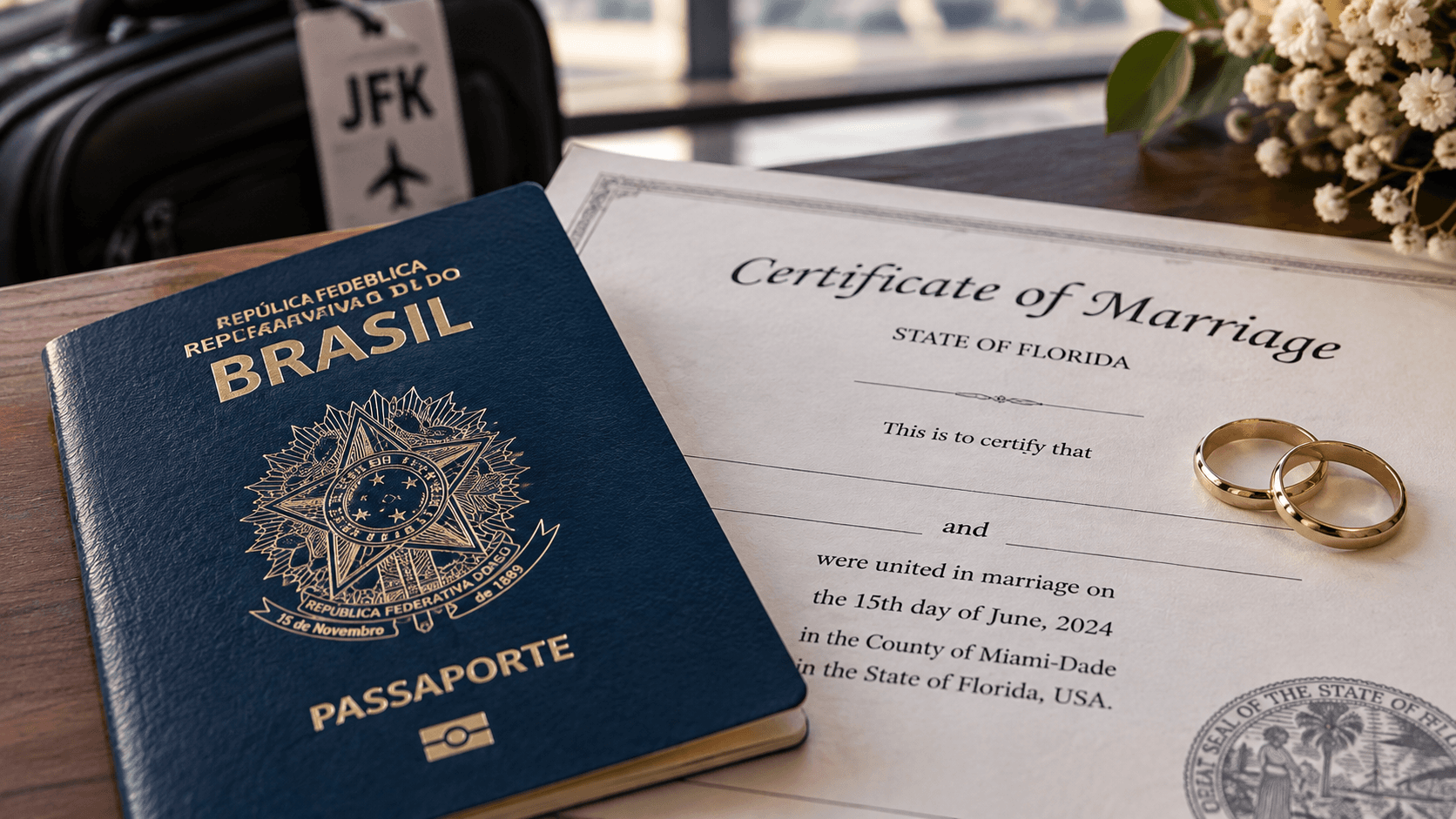 Passaporte brasileiro ao lado de certidão de casamento no exterior e alianças