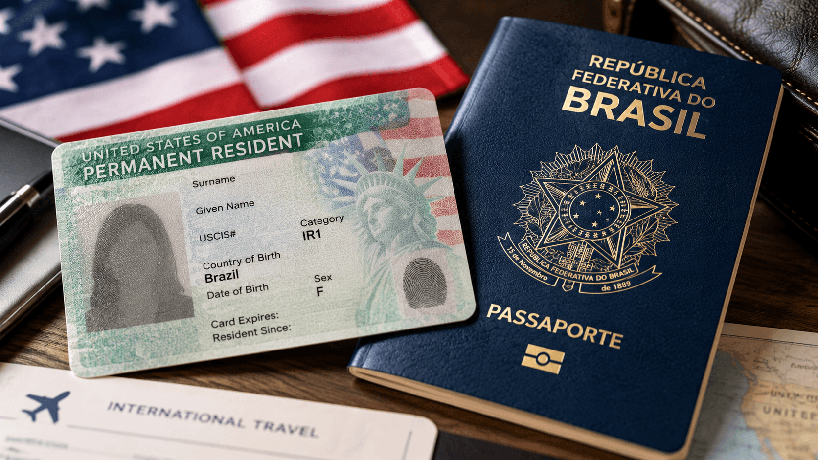Green Card dos Estados Unidos ao lado de passaporte brasileiro