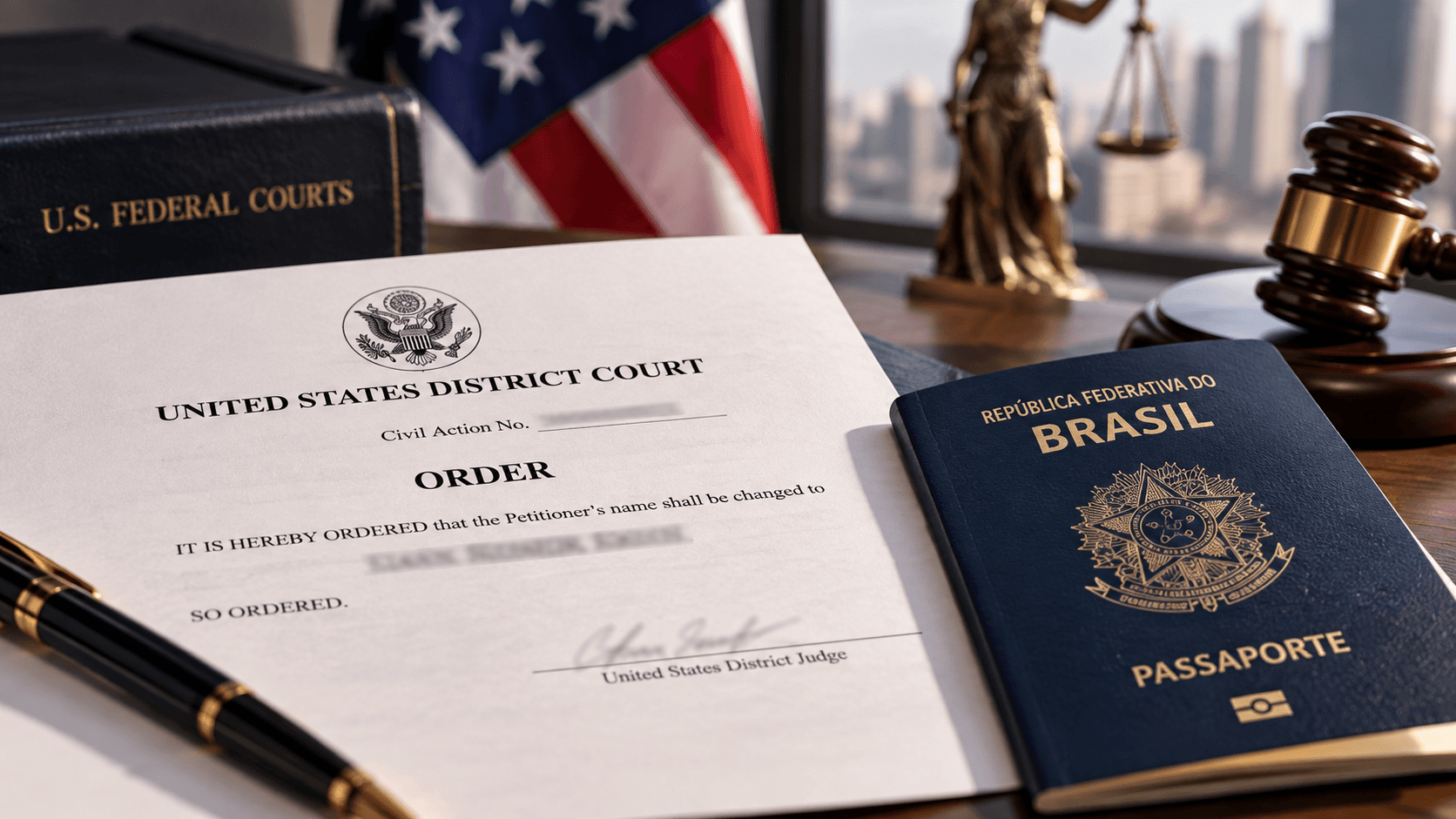 Court Order de mudança de nome nos Estados Unidos ao lado de passaporte brasileiro, representando o reconhecimento da alteração de nome no Brasil.