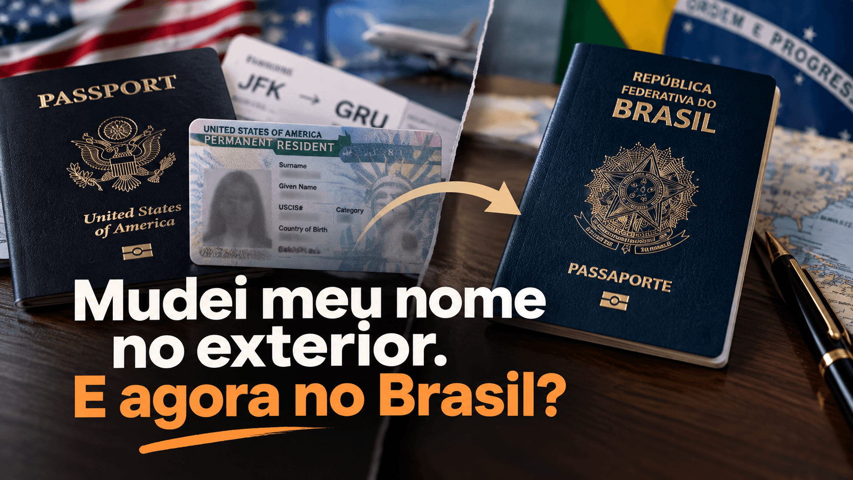 Passaportes brasileiro e americano representando mudança de nome no exterior e regularização do nome no Brasil